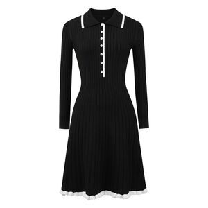 Women's Midi Sweater Dress Knitted Ribbed A-Line Long Sleeve Dress Black